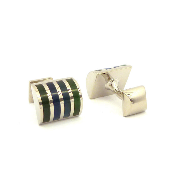 Wild Links - Silver Green Blue Vertical Stripes Cufflinks
